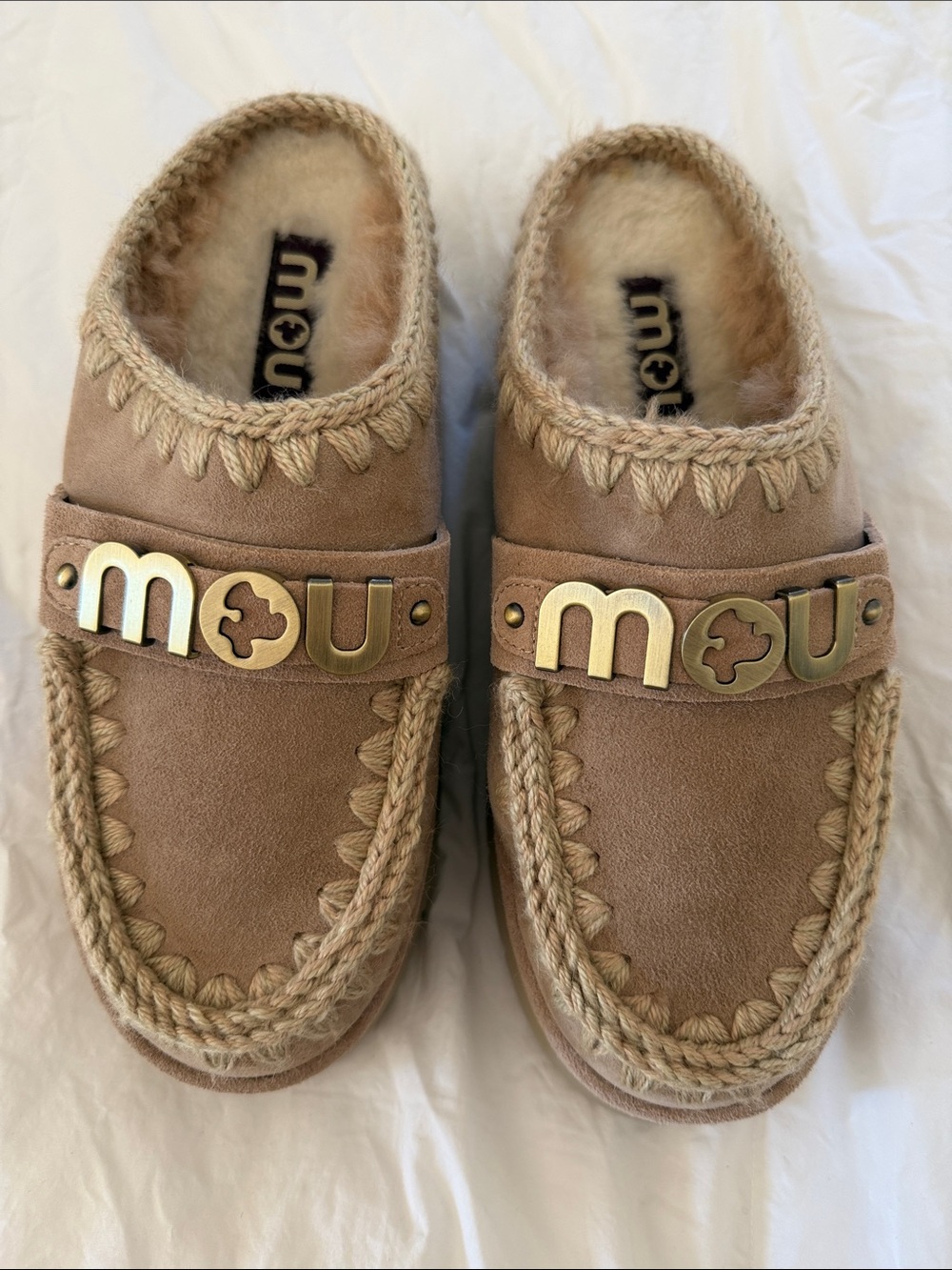 Mou womens Suede Shearling Slip-On platform with Gold Logo NWOT